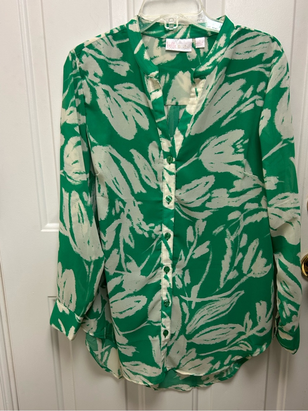Belle by Kim Gravel Sheer Cream & Green Button Front Blouse -Botanical Leaf